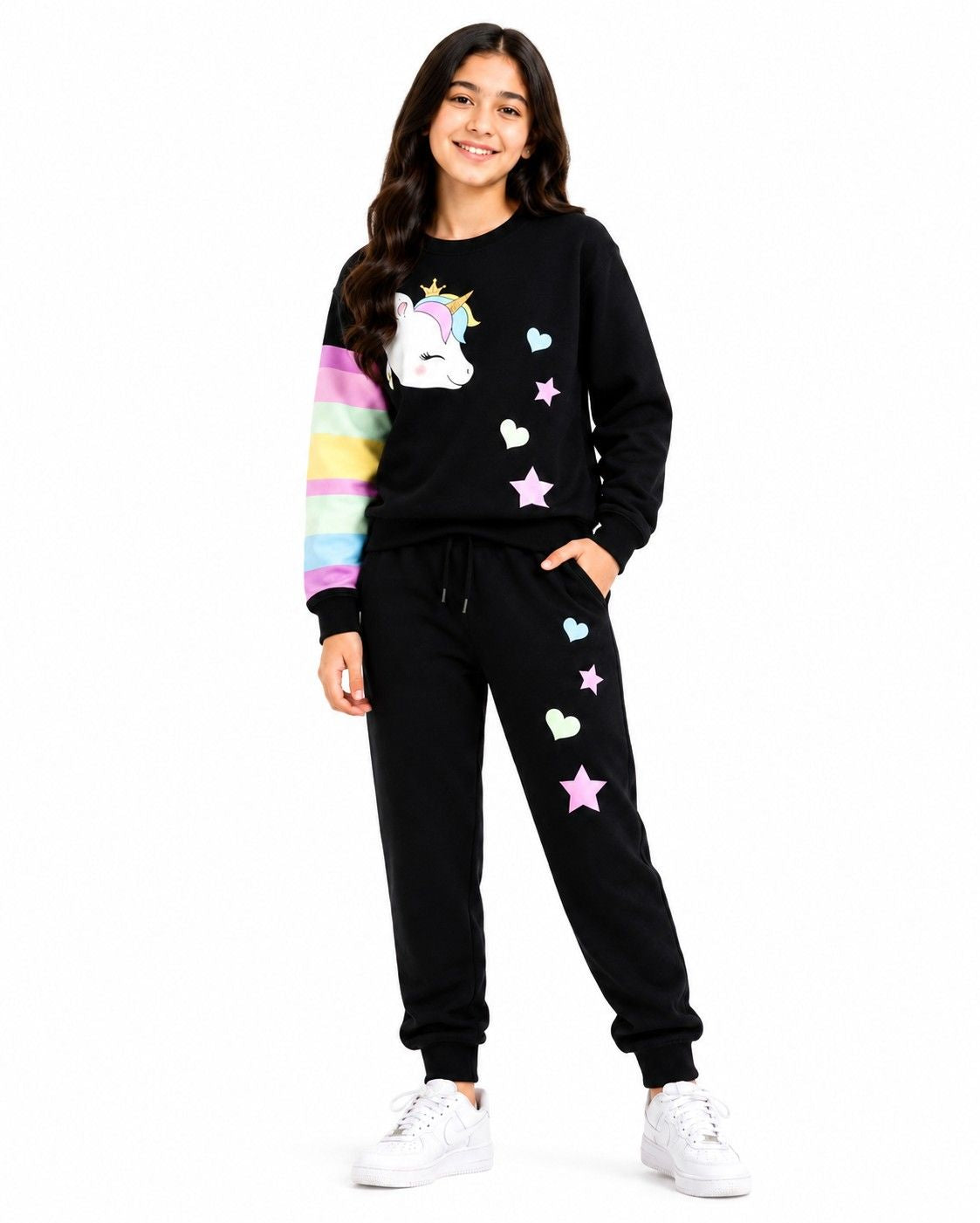 Rainbow Shining Unicorn Fleece Tracksuit - Black