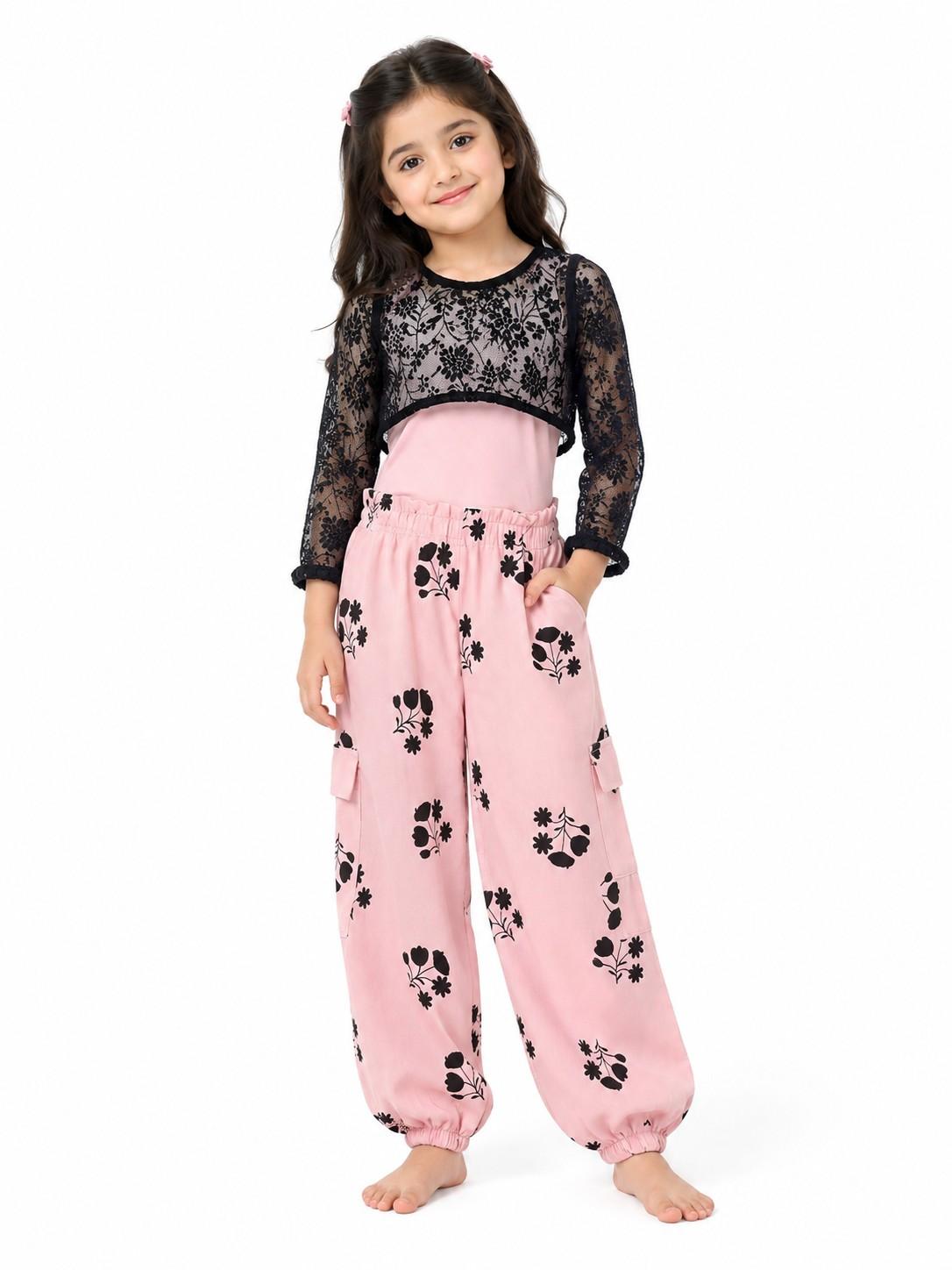 Fency Floral Net Top Inner Shirt with Baggy Trouser- Baby-Pink