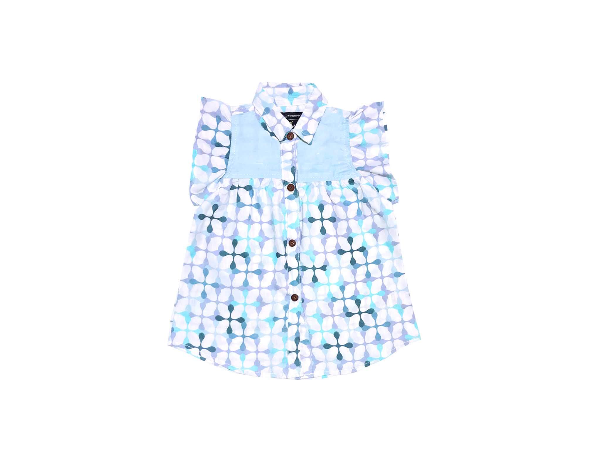 geomatric print Collar Neck Frock - White & Blue