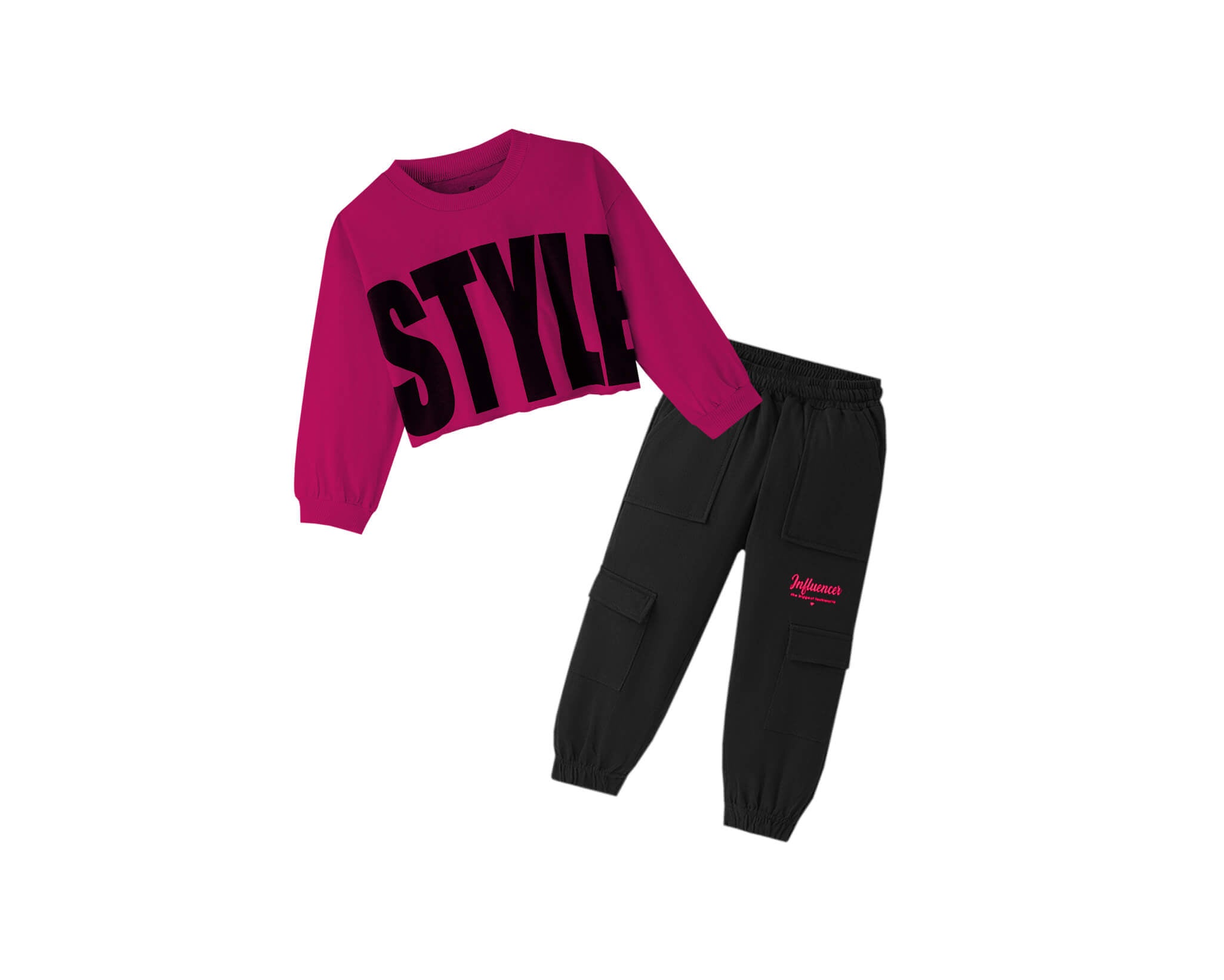 Influncer Style Short SweatShirt &amp; Pockets Style Trouser - Shocking Pink &amp; Black