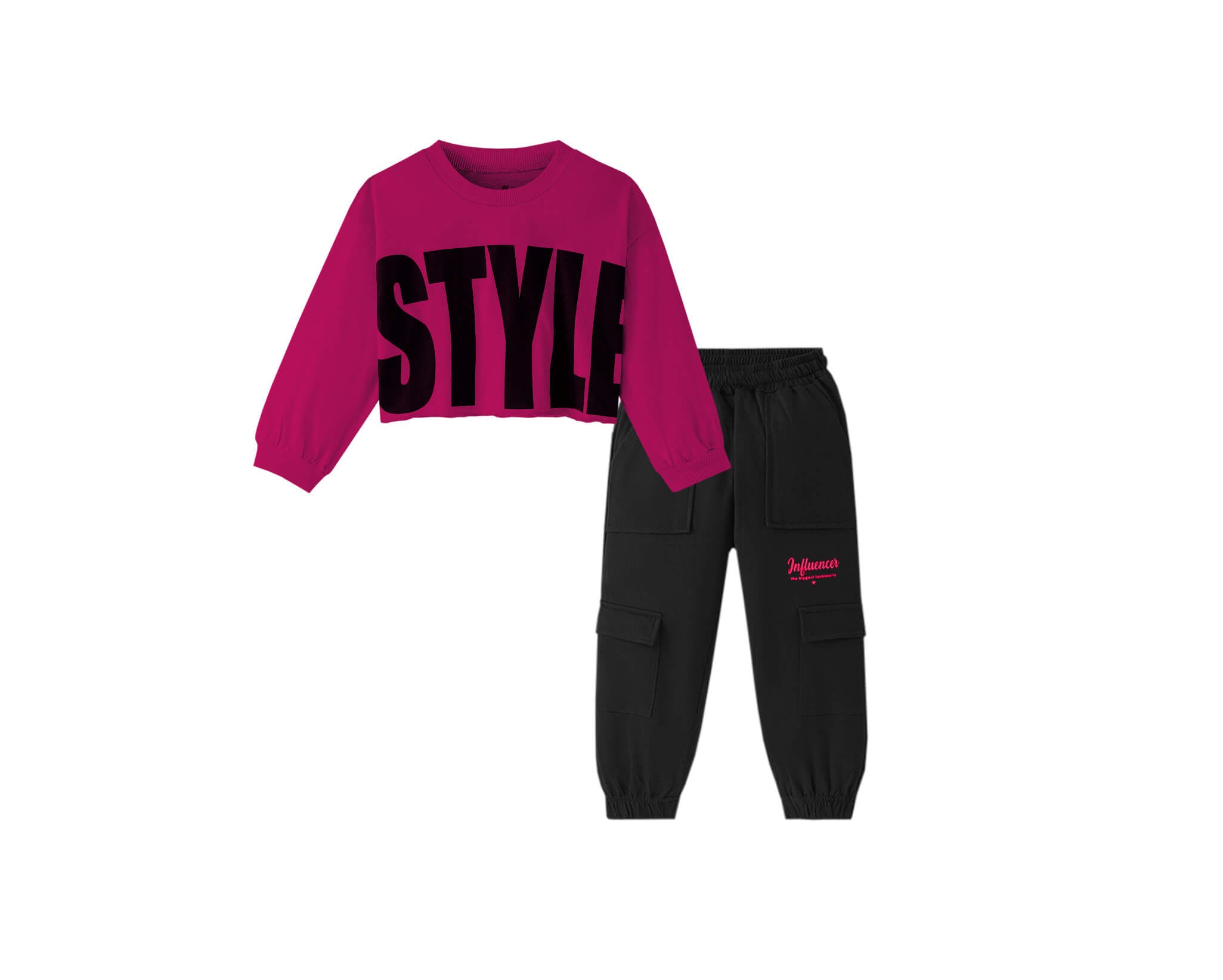 Influncer Style Short SweatShirt &amp; Pockets Style Trouser - Shocking Pink &amp; Black