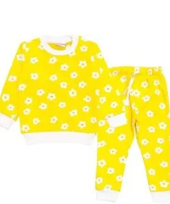 White Flowers Print Fleece Tracksuit - Yellow