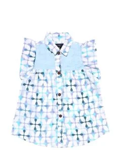 Geometric Print Collar Neck Frock - White & Blue