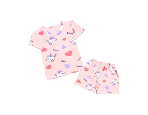 Rabbit With Hearts Tee & Short - Peach
