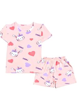 Rabbit With Hearts Tee & Short - Peach