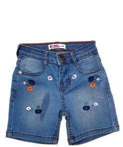 Orange Flowers Denim Shorts - Light Blue