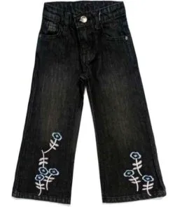 Bloom White & Blue Flowers Flapper Denim Pant - Charcoal