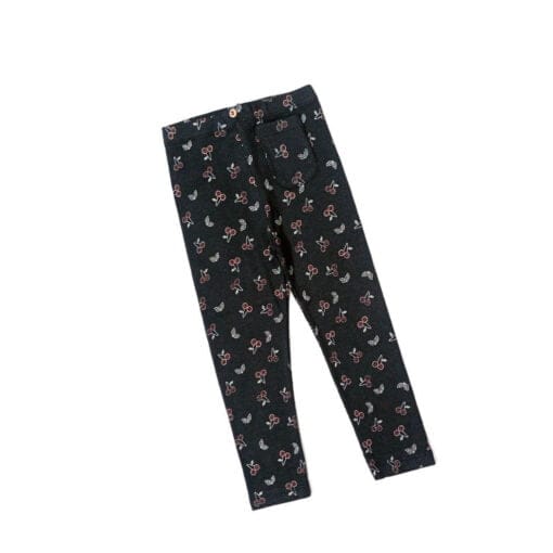 Cherries Print Rib Tights with Front Pocket - Charcoal