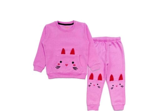 Kitty Face Kangroo Pocket Fleece Tracksuit - Baby Pink
