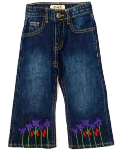 Purple Flowers Plants Flapper Denim Pent - Dark Blue