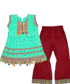 Colorful Embroiderd Traditional Frock With Ghrara & Dupatta - Sea Green & Maroon