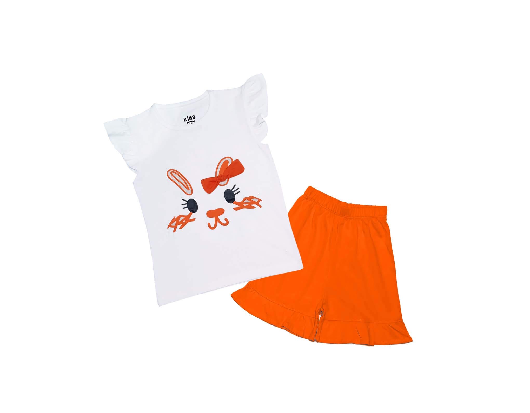 Cute Kitty With Bow Tee & Shorts - White & Orange 1