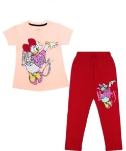 Fancy Sequence Daisy Tee & Trouser - Peach & Red