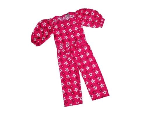 Flowers Print Puff Sleeves Jumpsuits - Shocking Pink 1