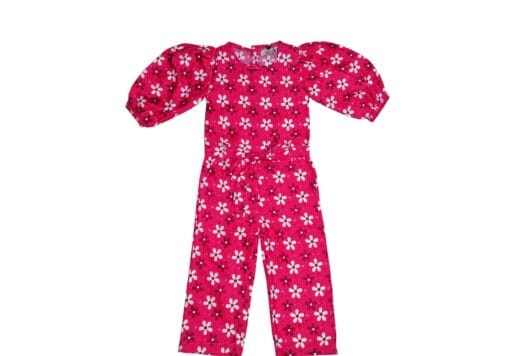 Flowers Print Puff Sleeves Jumpsuits - Shocking Pink