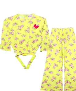 Jasmine Florals Woven Short Top with Bell Bottom Trouser - Lime Yellow