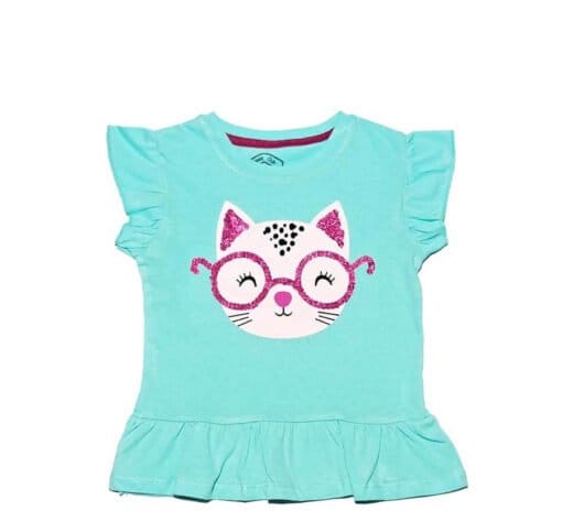 Pink Sequence Glasses Cat Tea Shirt - Aqua