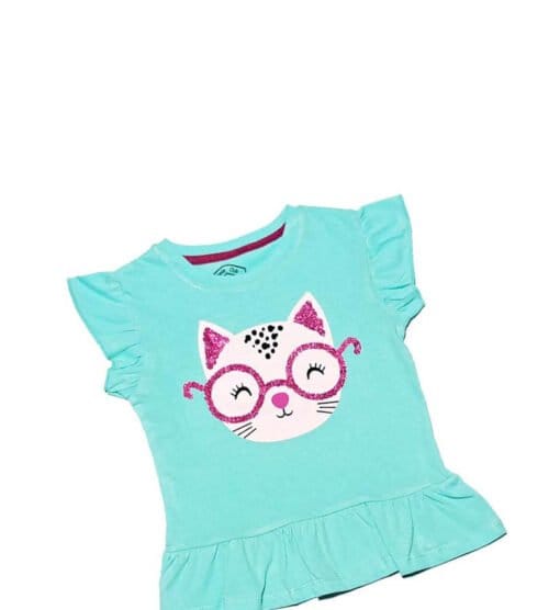 Pink Sequence Glasses Cat Tea Shirt - Aqua 1