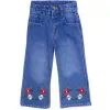 Red & White Rosses On Bottom Flapper Denim Pant - Mid Blue