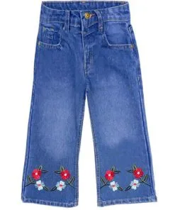 Red & White Rosses On Bottom Flapper Denim Pant - Mid Blue