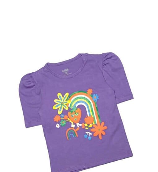 Summer Rainbow Puff Sleeves Style Tee Shirt - Purple 1