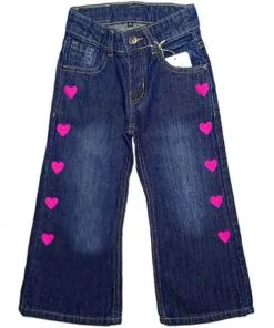 Vertical Pink Hearts Flapper Denim Pant - Dark Blue