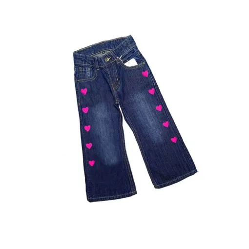 Vertical Pink Hearts Flapper Denim Pant - Dark Blue