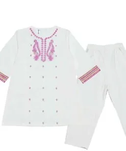 Baby Pink Trendy Embroidery Cotton Shirt & Trouser - White