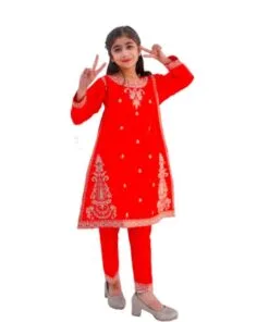 Embroiderd Cotton Kurti Frock with Trouser - Red