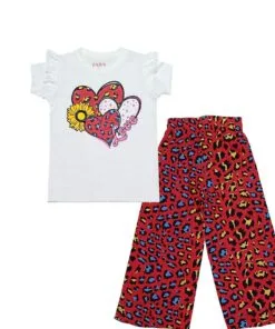 Love Heart & Sunflower Tee with Plazzo - White - Red