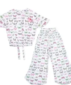 Multi Butterflies Cotton Short Top with Bell Bottom Trouser - White