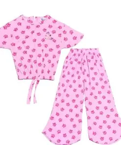 Paw Print Fish Cut Cotton Top & Trouser - BAby Pink