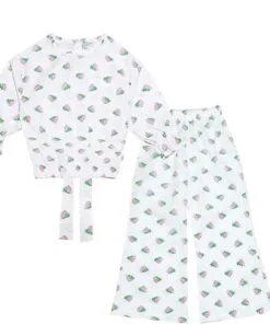 Pink Perrots Cotton Short Top with Bell Bottom Trouser - White