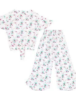 Pink green Florals Fish Cut Cotton Top & Trouser - White