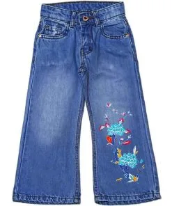 Sea Green Floral Flapper Denim Pant - Blue