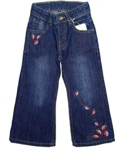 Strawberry Floral Flapper Denim Pant - Dark Blue