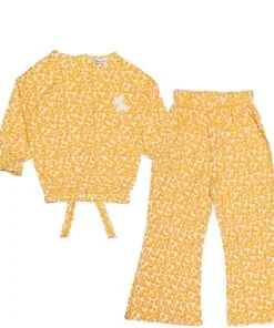 Deer Print Cotton Short Top with Bell Bottom – Mustard