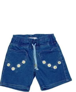 Small Sunflowers Heart Pockets Style Denim Shorts - Mid Blue