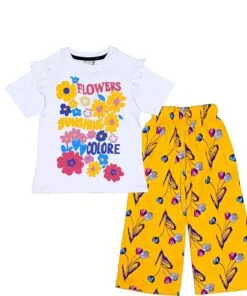 Flowers Color Cotton Frill T Shirt with Arabic Lawn Plazzo - White & Mustard