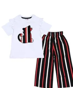 Red & Black Stripes Cat Cotton T Shirt with Arabic Lawn Plazzo - White & Black