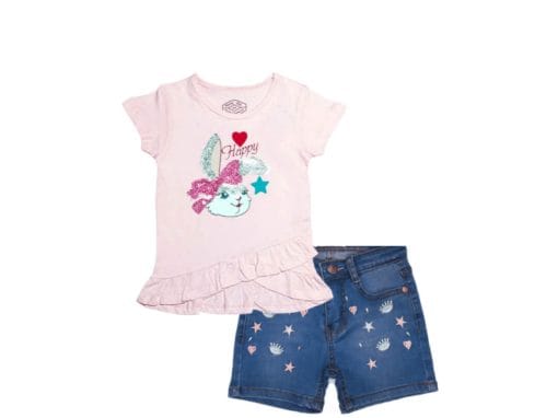 Happy Bunny Heart Sequence Tee shirt & Sparkle Eyes with Star Denim Short