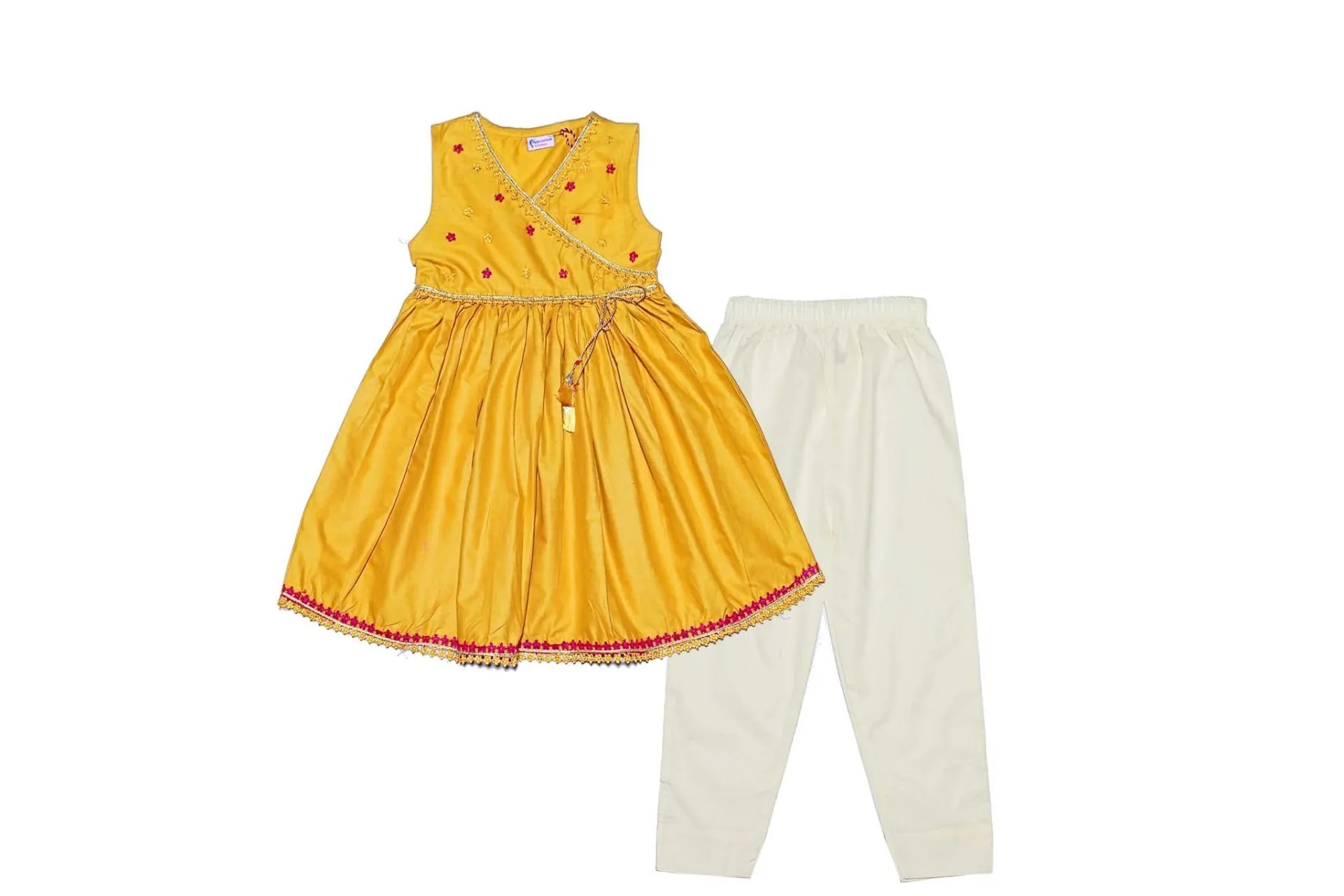 Partywear Angrakha Style Cotton Frock With Trouser Mustard off White LittlezClub.pk Shop Online for Kids