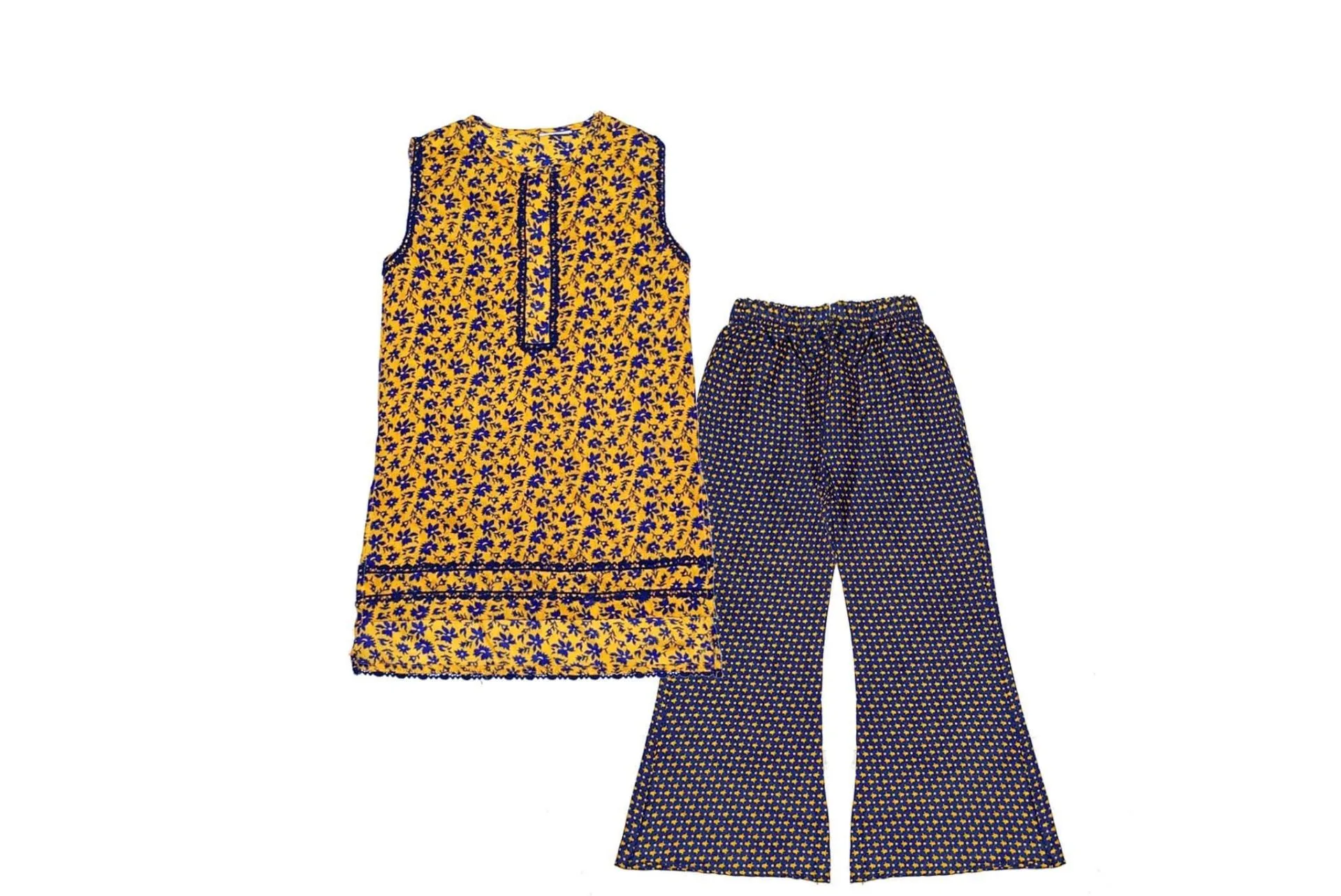 Blue Florals Lawn Kurti Flapper Trouser Mustard LittlezClub.pk Shop Online for Kids