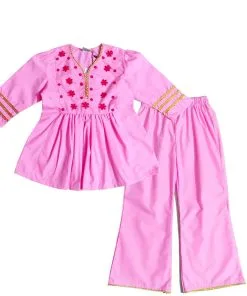 Beautiful Flowers Neck Party Wear Short Frock & Flapper Trouser - Pink