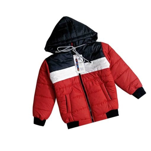 Kids Light Weight Full Sleeves Hooded Puffer Jacket - Red White & Black 1