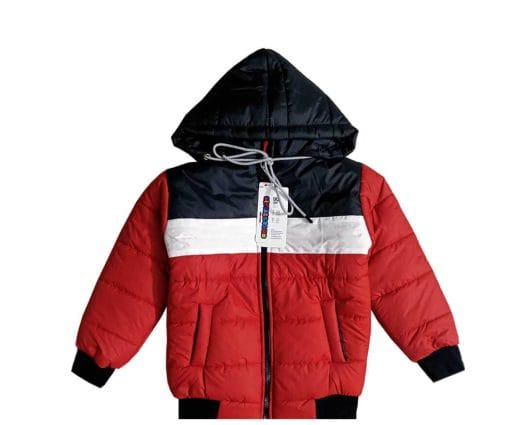 Kids Light Weight Full Sleeves Hooded Puffer Jacket - Red White & Black