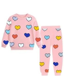 Multi Colorful Hearts Fleece Tracksuits - Peach