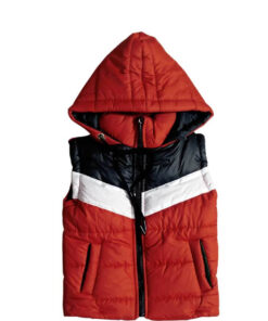 Stylish Penal Sleeveless Black Hooded Puffer Jacket - Red Black & White