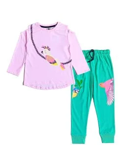 Colorful Parrot Full Sleeves Tee & Trouser - Baby Pink & Sea Green