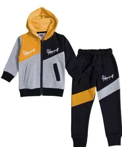 Happy Trendy Penals Hoodie Tracksuits - mustard Gray & Black